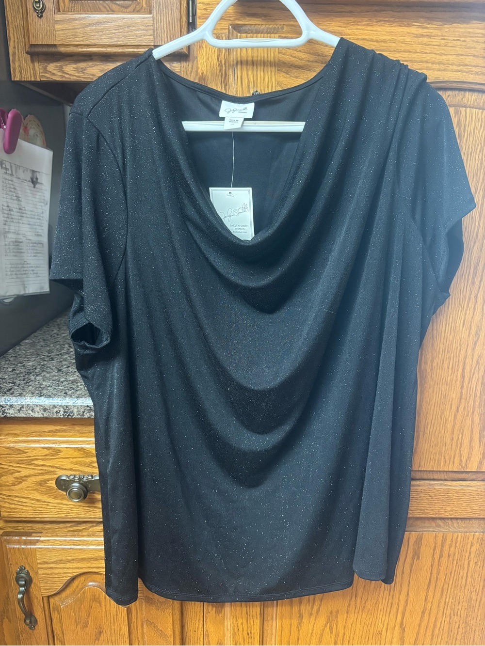 Jaclyn Smith Black Sparkle Drape-Neck Blouse